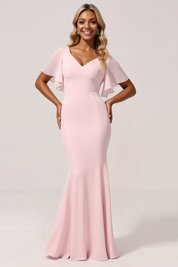 Mermaid Chiffon V-Neck Candy Pink Long Bridesmaid Dress with Sleeves